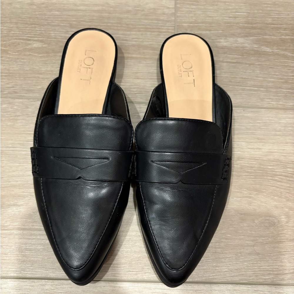 LOFT Black Leather Slip-On Mules